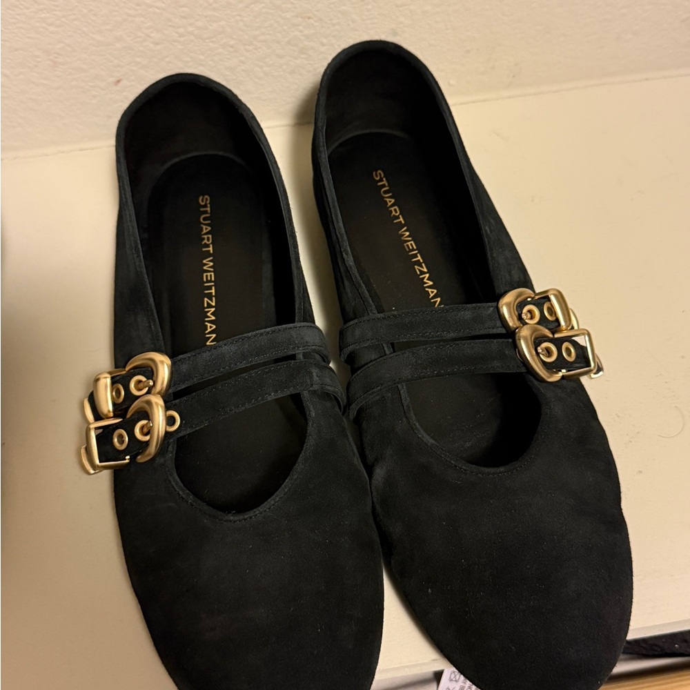 Stuart Weitzman Black Suede Flats with Gold Accents